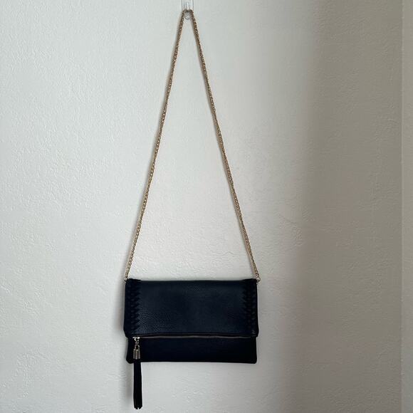 Moda Luxe Palermo Clutch NEW Stitch Detail Vegan Leather in Black w/ Gold Chain - Picture 7 of 11